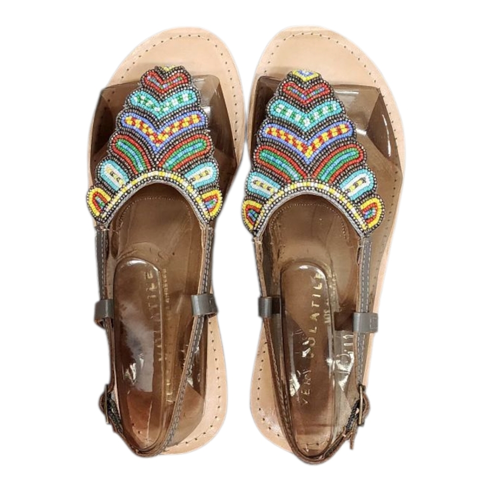 Very Volatile Brown Leather Sandals with Beaded Bohemian Flair Size 6